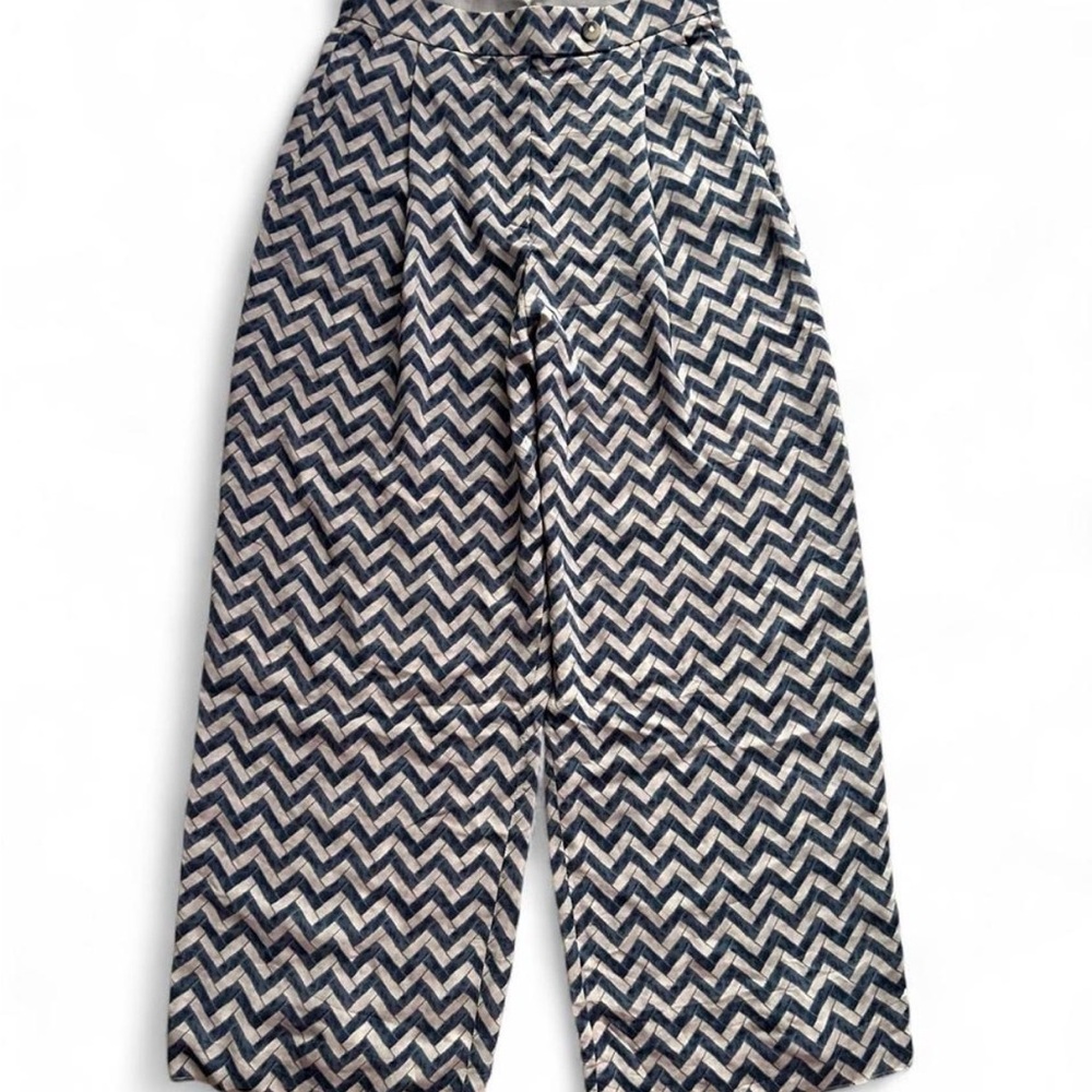 Giorgio Armani Beige & Blue Chevron Silk High-Waisted Wide Leg Pants